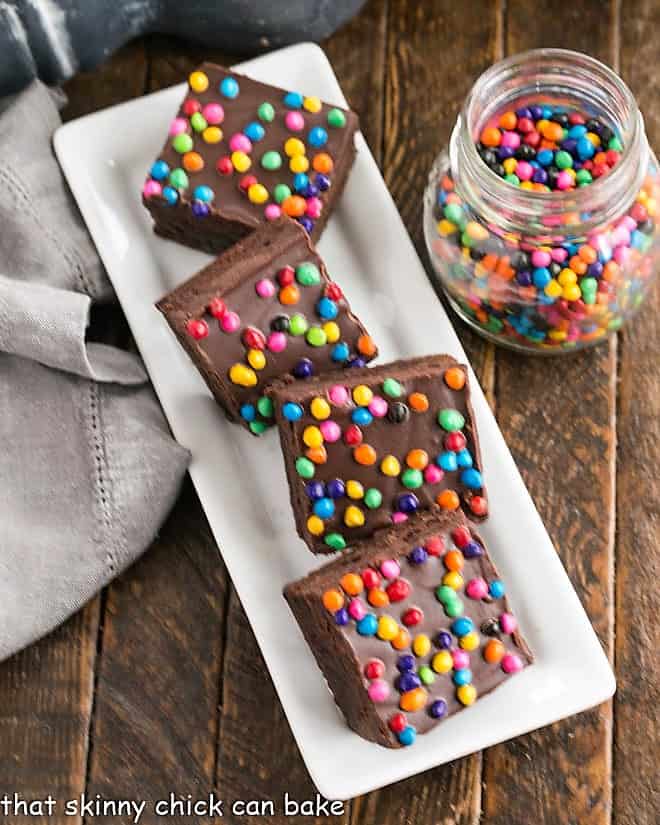 Overhead view of a tray of homemade cosmic brownies.