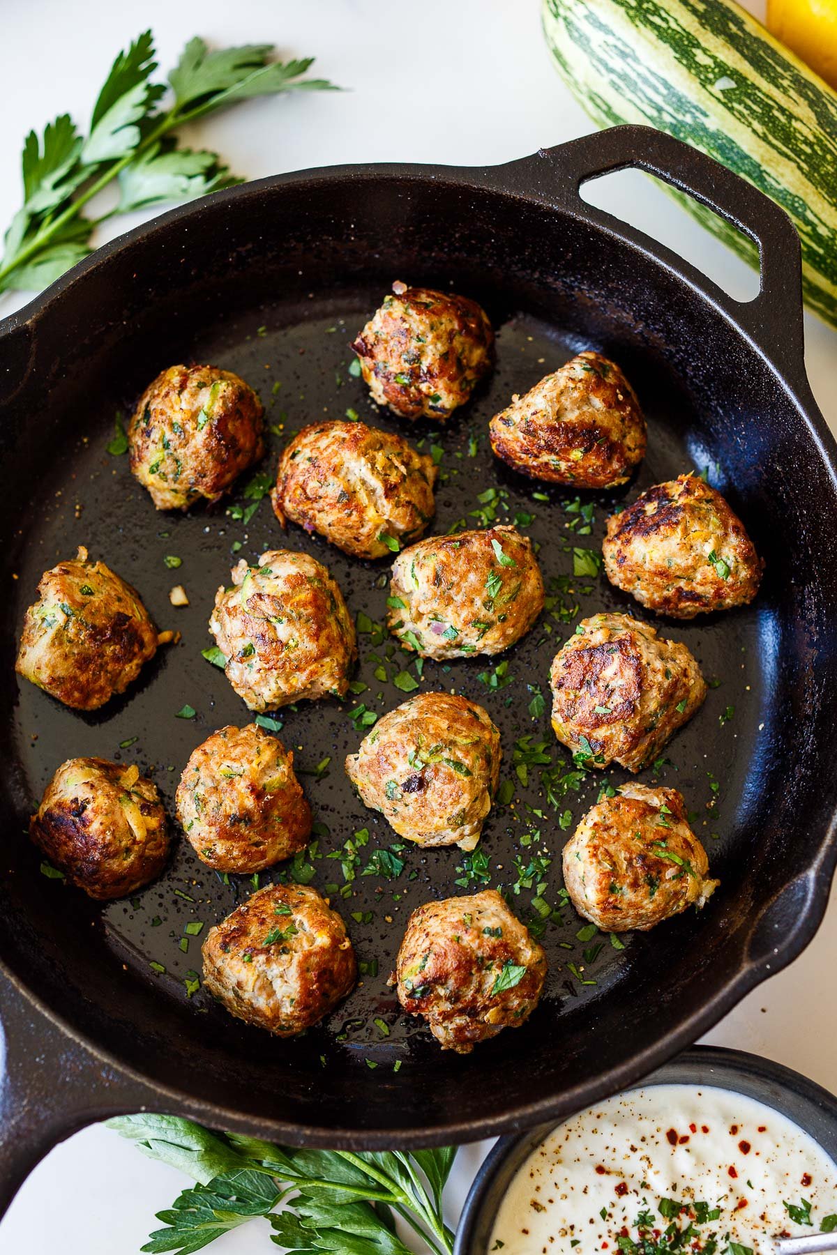 Cooked Turkey Zucchini Meatballs in Skillet