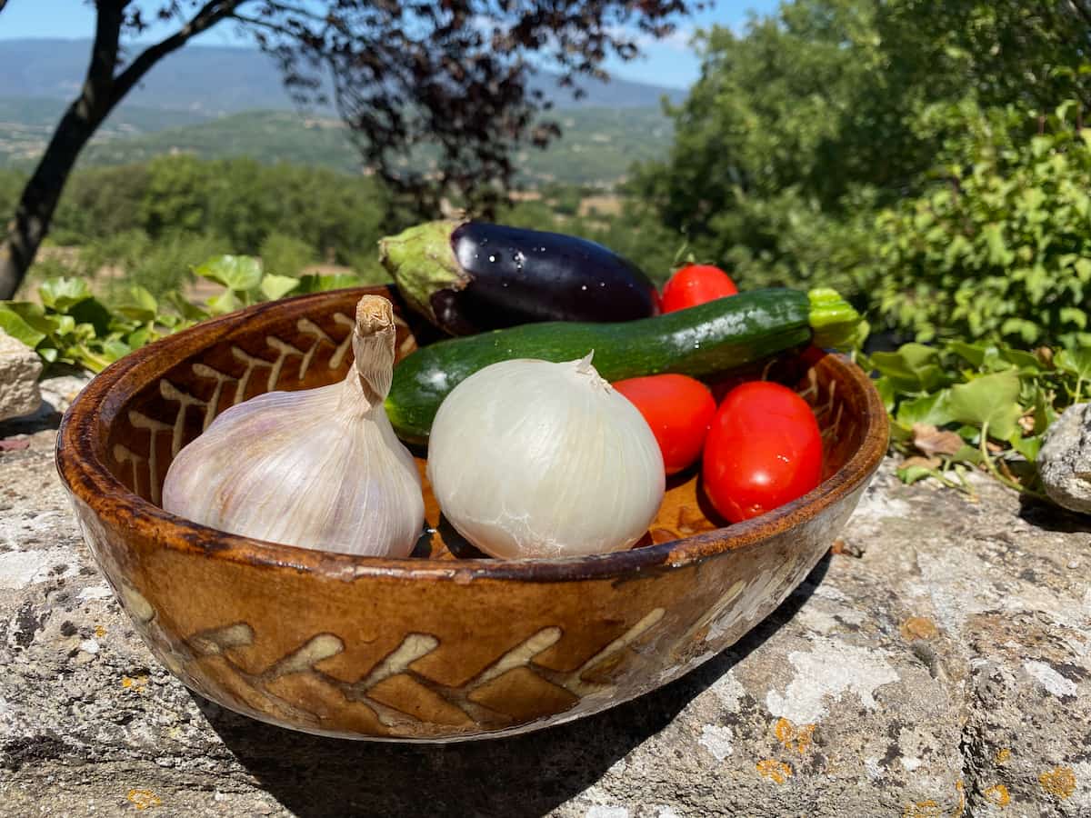 Onion, garlic, tomatoes, aubergine, and courgette in a dish