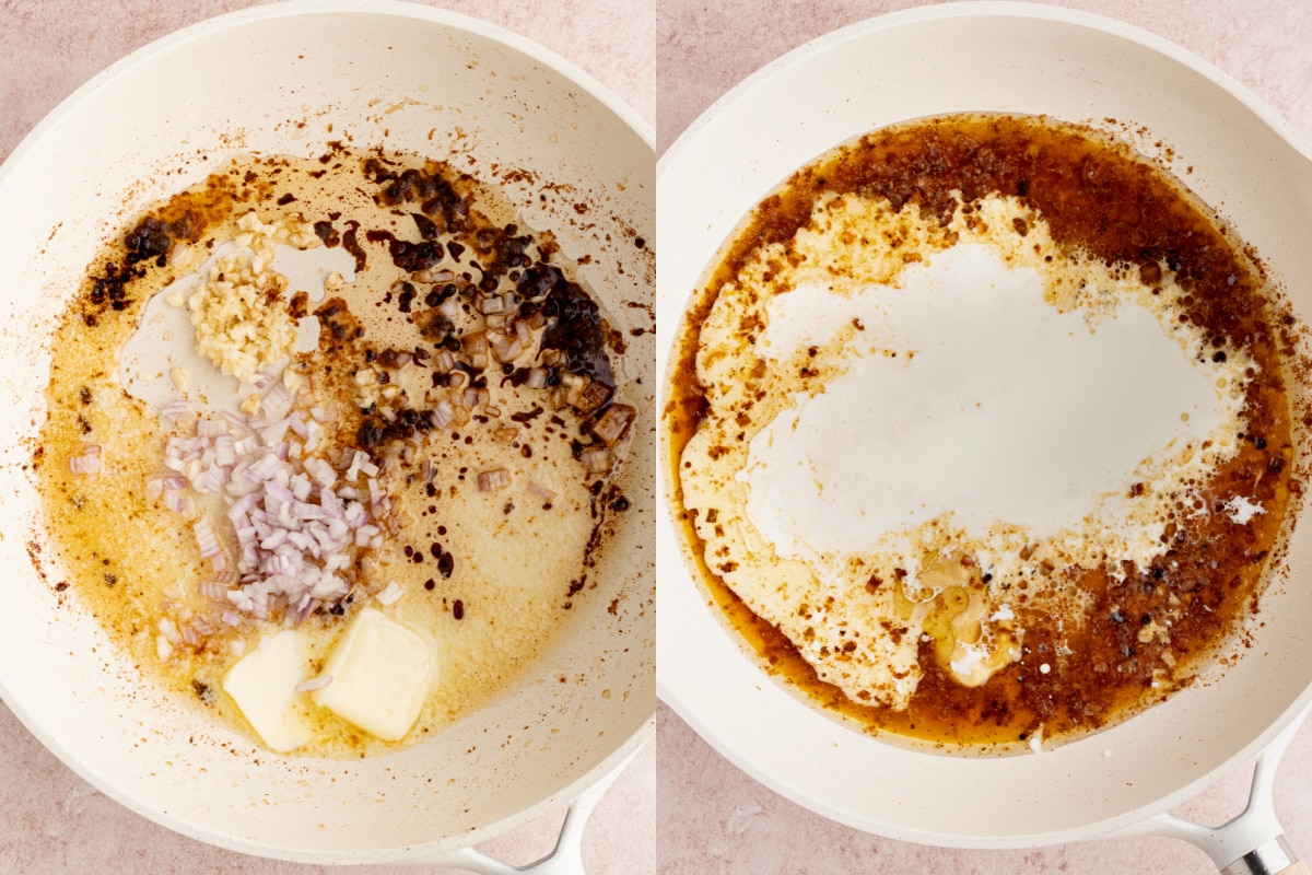 Making the cream sauce in a skillet.